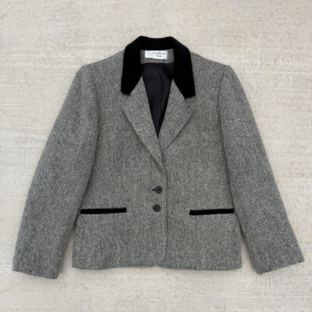 Evan Picone Velvet Tweed Blazer Black Women's Vintage 6P 100% Wool Herringbone
